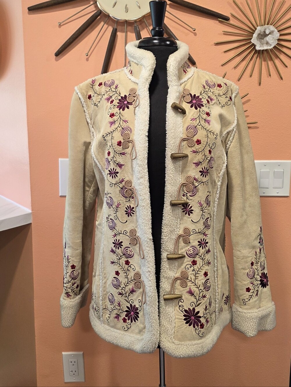 St. John's Bay Cream Teddy Jacket with Purple Floral Embroidery